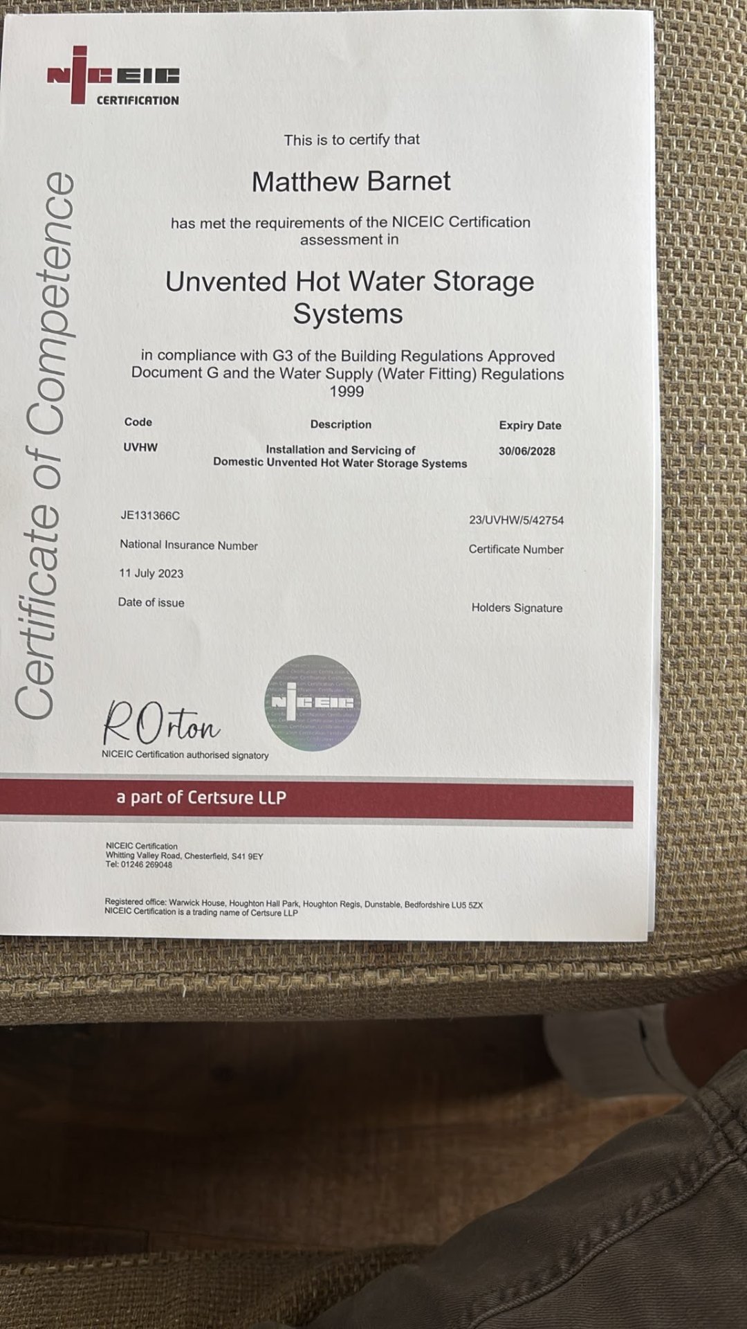 NICEIC — Unvented Hot Water certificate