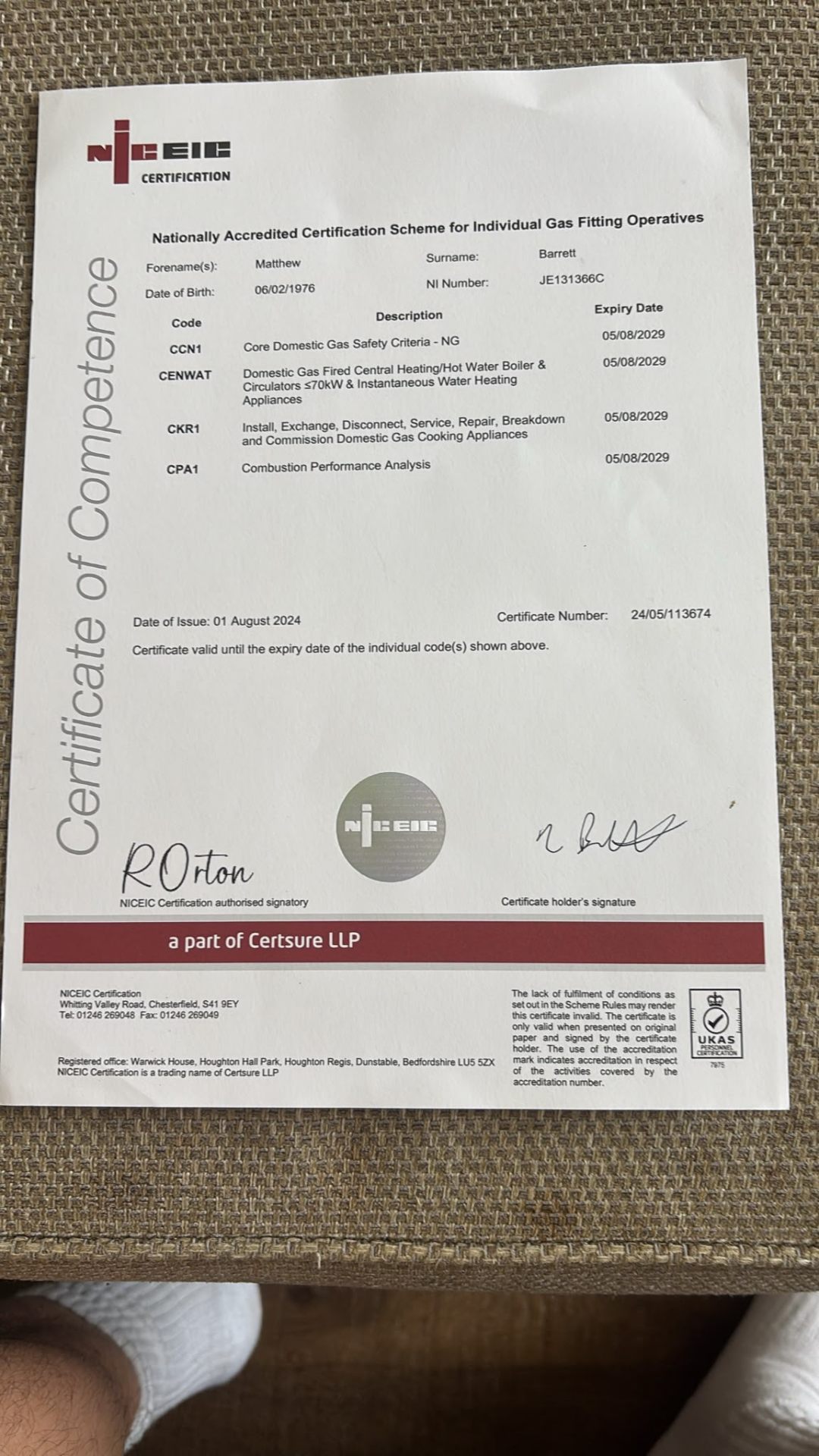 NICEIC — CCN1 / CENWAT certificate