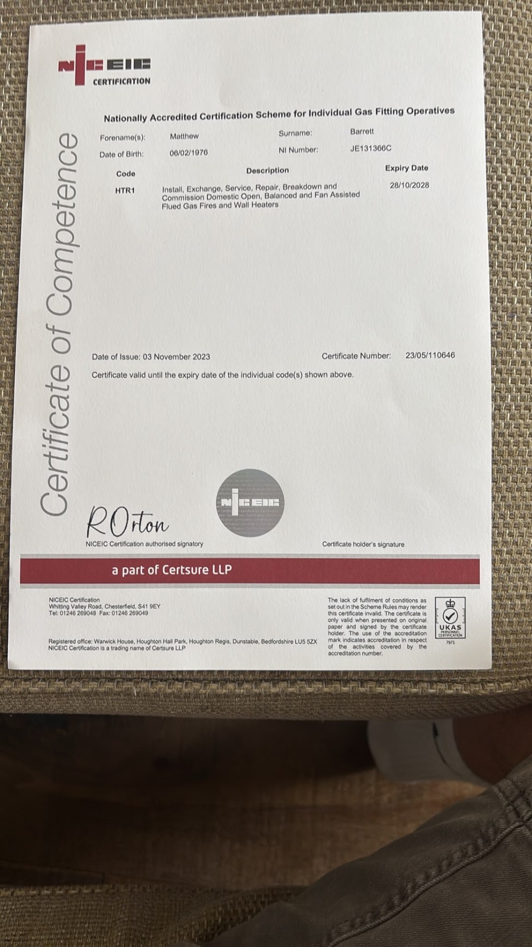NICEIC — Gas Fires & Heaters certificate